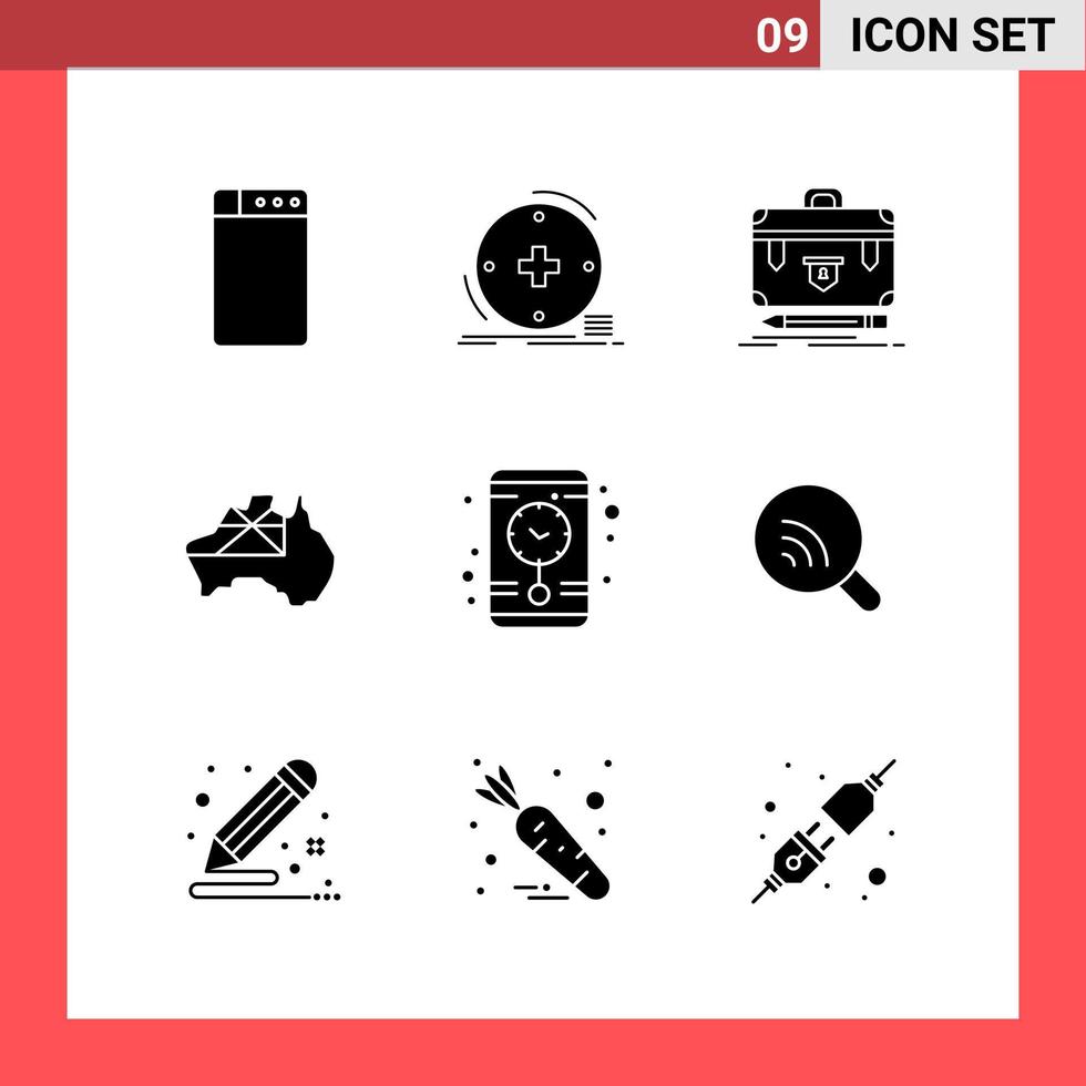 Paquete de 9 iconos de símbolos de glifo de estilo sólido sobre fondo blanco signos simples para el diseño general vector