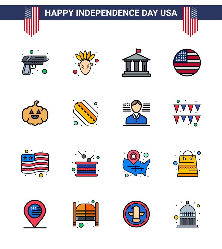 Modern Set of 16 Flat Filled Lines and symbols on USA Independence Day such as usa pumkin flag usa flag Editable USA Day Vector Design Elements