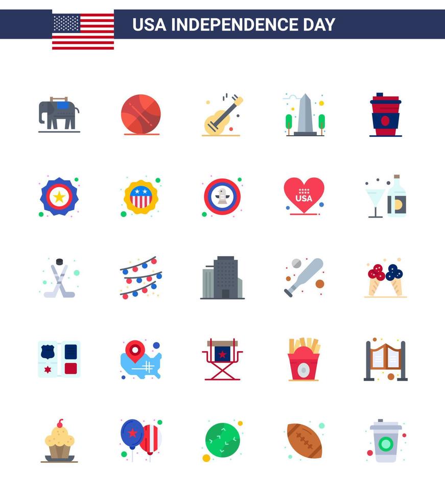 25 señales planas para el día de la independencia de estados unidos beber música de washington monumento de estados unidos elementos de diseño vectorial editables del día de estados unidos vector