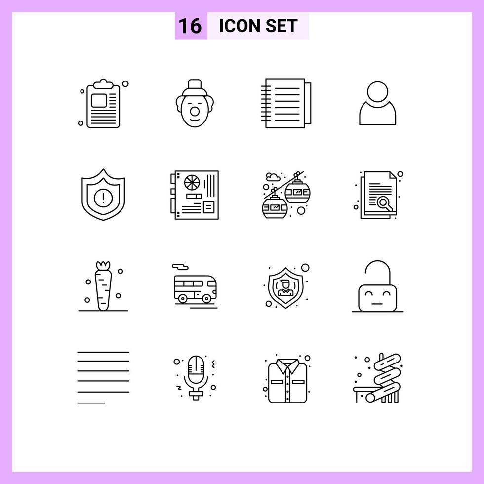 Mobile Interface Outline Set of 16 Pictograms of main warning office security basic Editable Vector Design Elements