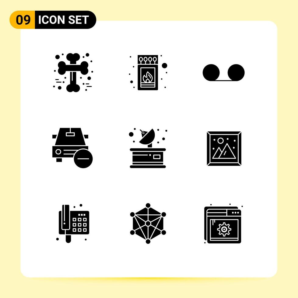 Set of 9 Commercial Solid Glyphs pack for communication minus stick less car Editable Vector Design Elements