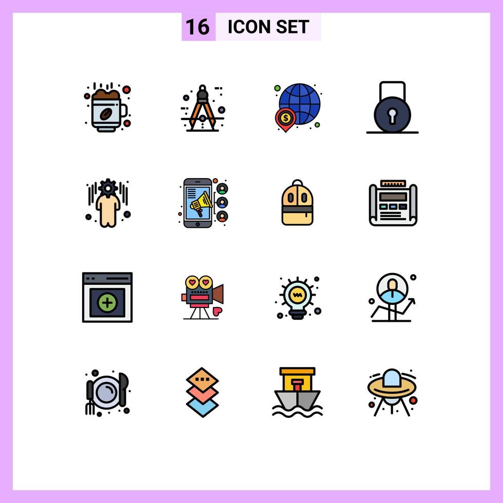 16 Universal Flat Color Filled Line Signs Symbols of security lock pad tool key money Editable Creative Vector Design Elements