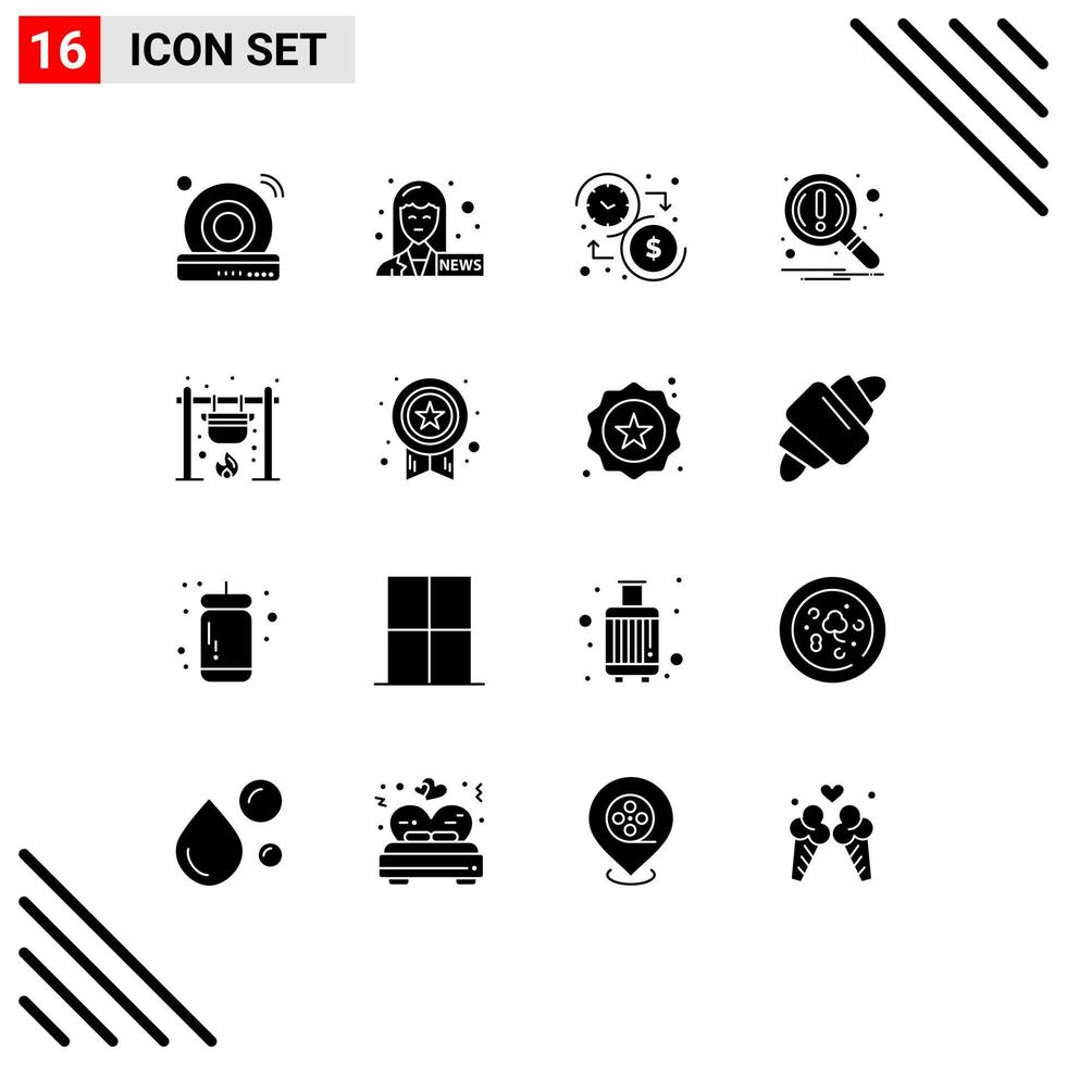 Modern Set of 16 Solid Glyphs Pictograph of campfire search dollar notification find Editable Vector Design Elements