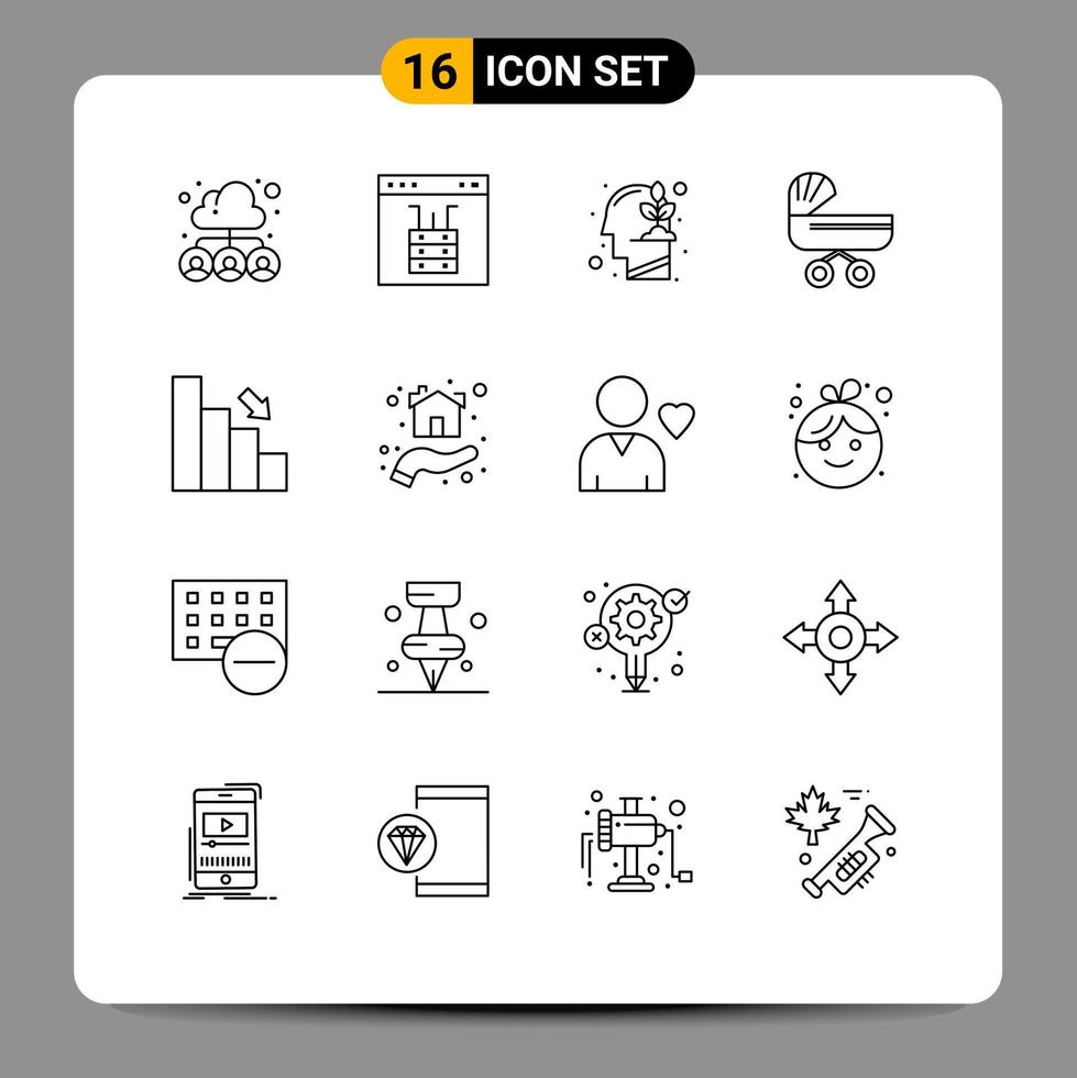 User Interface Pack of 16 Basic Outlines of push baby page trolly mind Editable Vector Design Elements