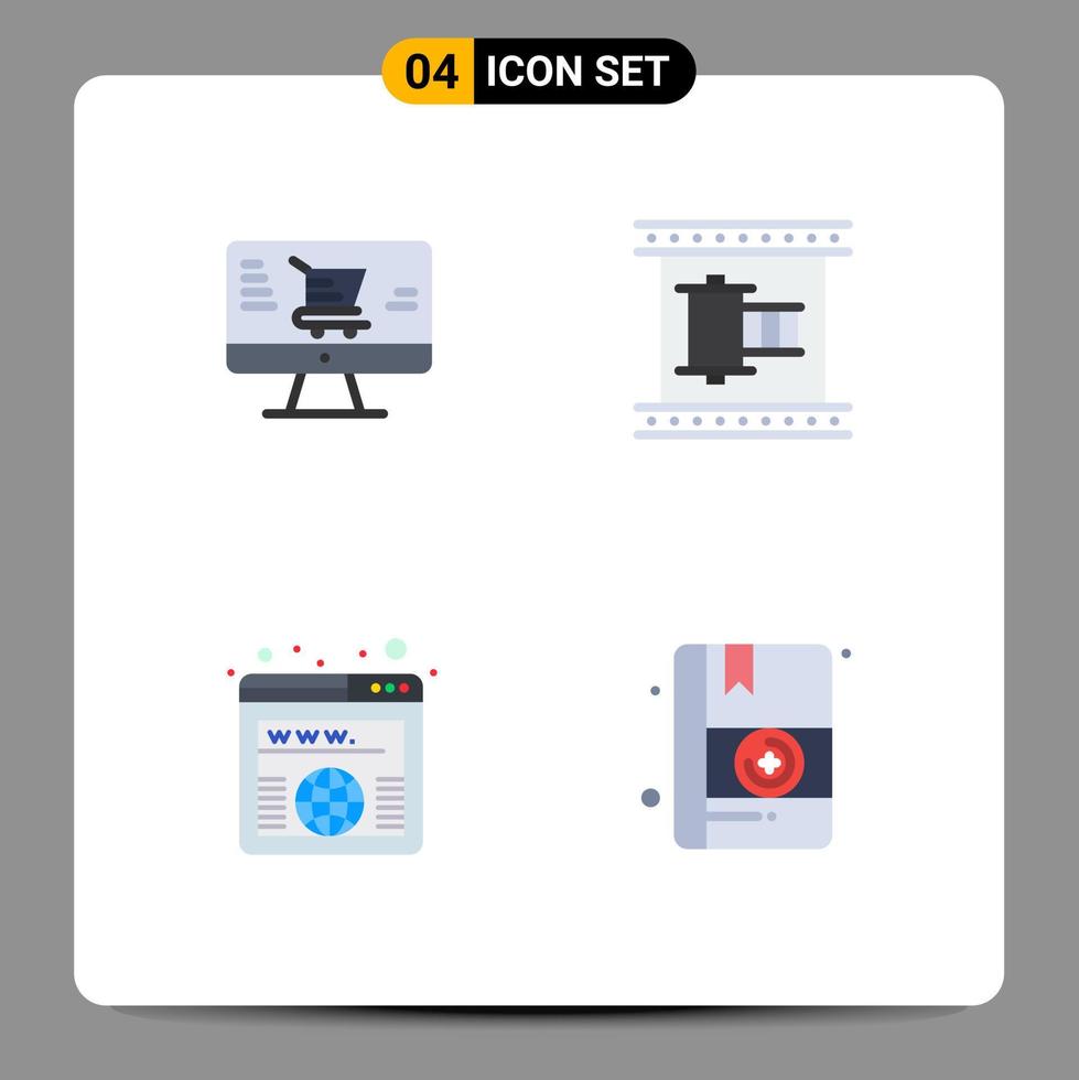 Flat Icon Pack of 4 Universal Symbols of monitor domain cinema movie reel worldwide Editable Vector Design Elements