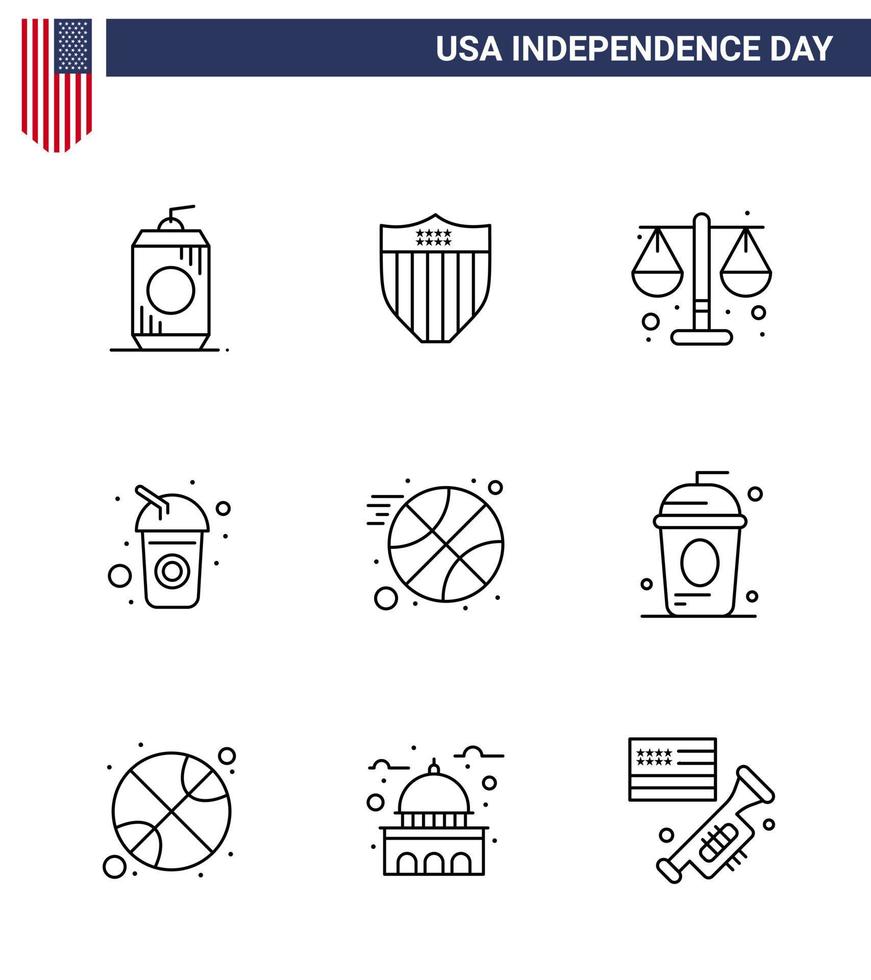 Editable Vector Line Pack of USA Day 9 Simple Lines of ball soda court drink bottle Editable USA Day Vector Design Elements