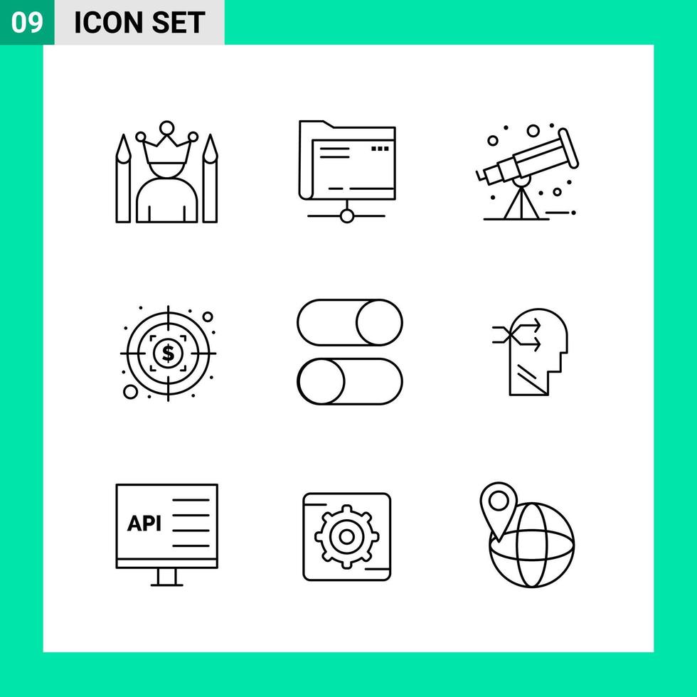 paquete de 9 iconos de estilo de línea establece símbolos de esquema para imprimir signos creativos aislados en fondo blanco 9 conjunto de iconos vector