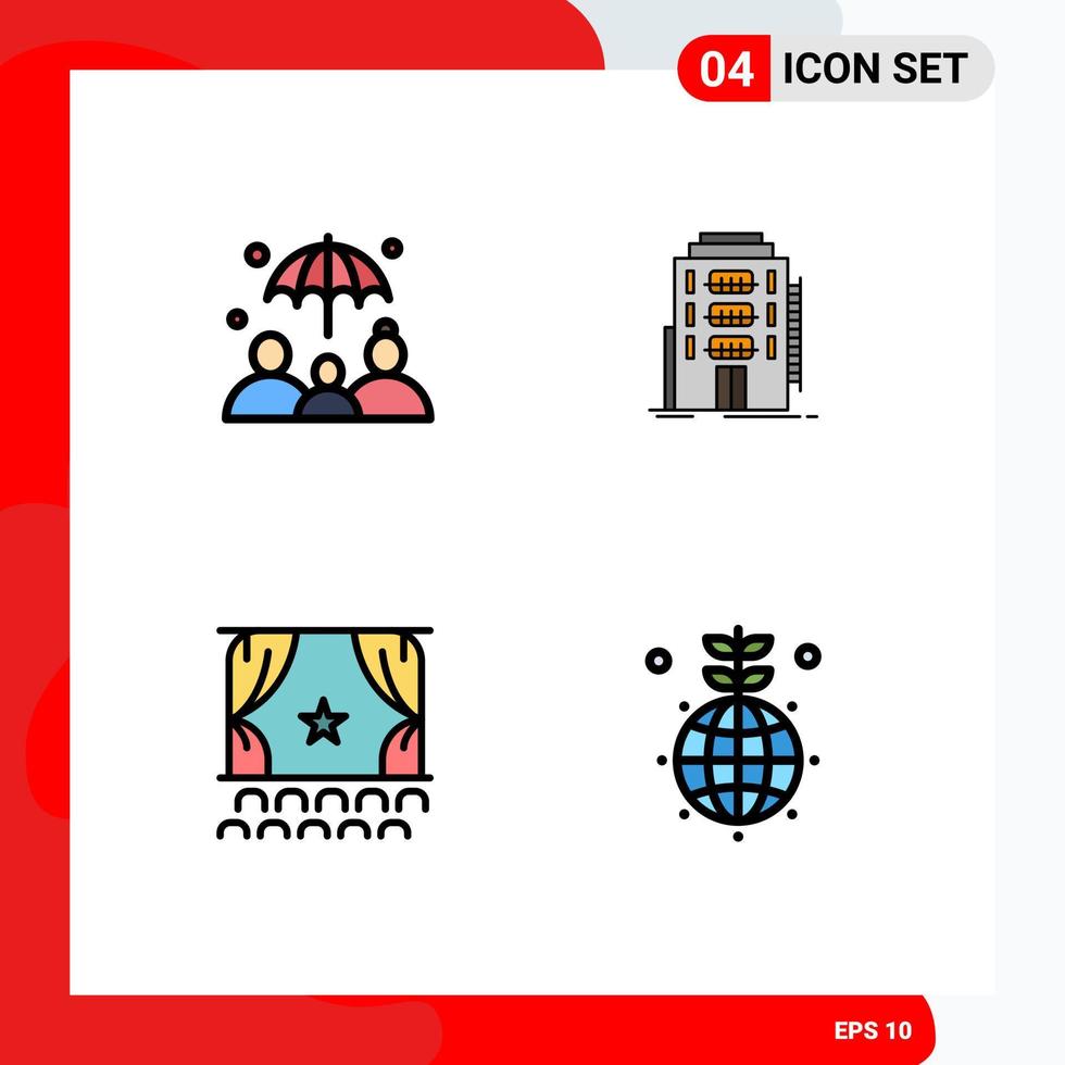 Pictogram Set of 4 Simple Filledline Flat Colors of insurance debut building hostel performance Editable Vector Design Elements