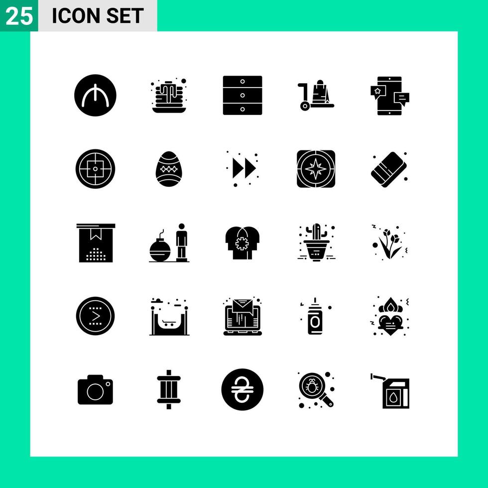Modern Set of 25 Solid Glyphs and symbols such as media chat home appliances cart market Editable Vector Design Elements