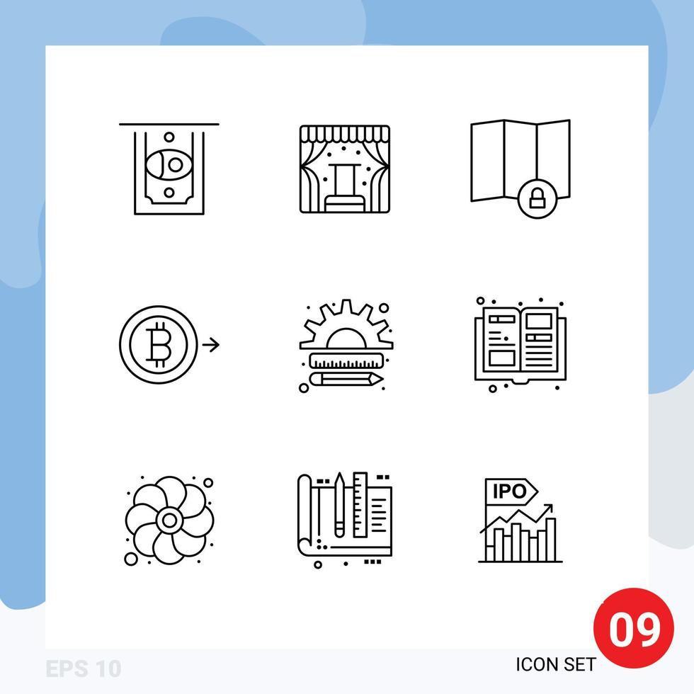 Pack of 9 Modern Outlines Signs and Symbols for Web Print Media such as marketing finance lock creative send Editable Vector Design Elements