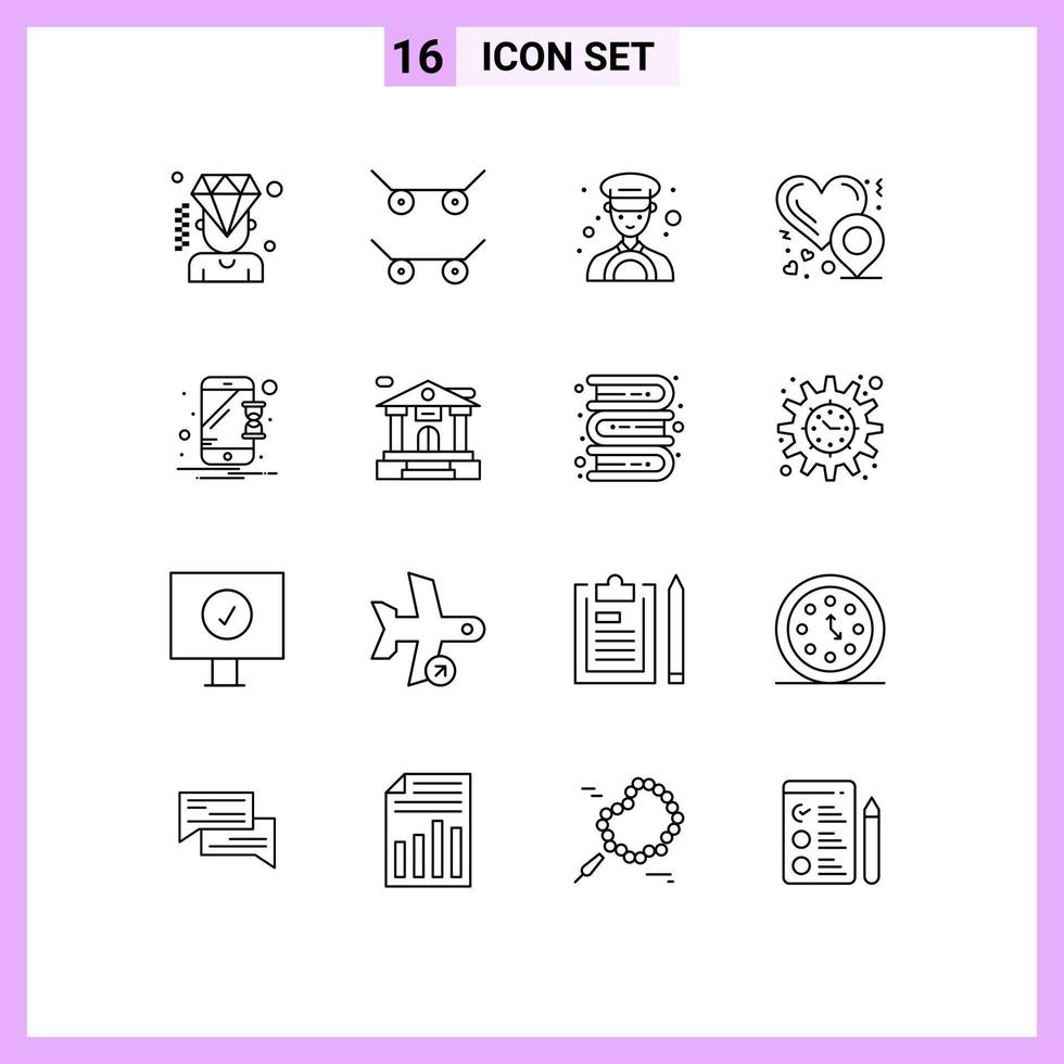 Pictogram Set of 16 Simple Outlines of bank account notification taxi mobile device Editable Vector Design Elements