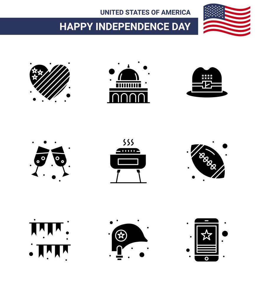 Set of 9 Modern Solid Glyphs pack on USA Independence Day holiday celebration hat barbeque wine Editable USA Day Vector Design Elements