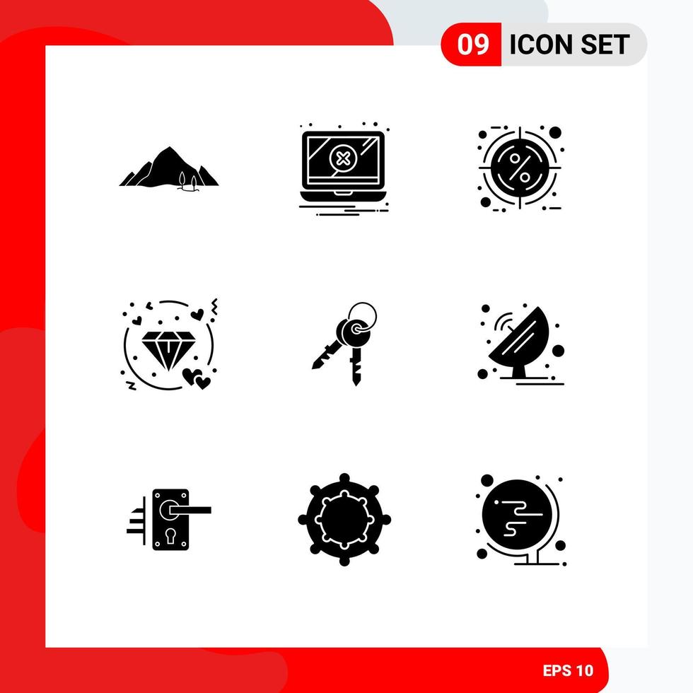 Modern Set of 9 Solid Glyphs and symbols such as wedding heart warning diamond percentage Editable Vector Design Elements