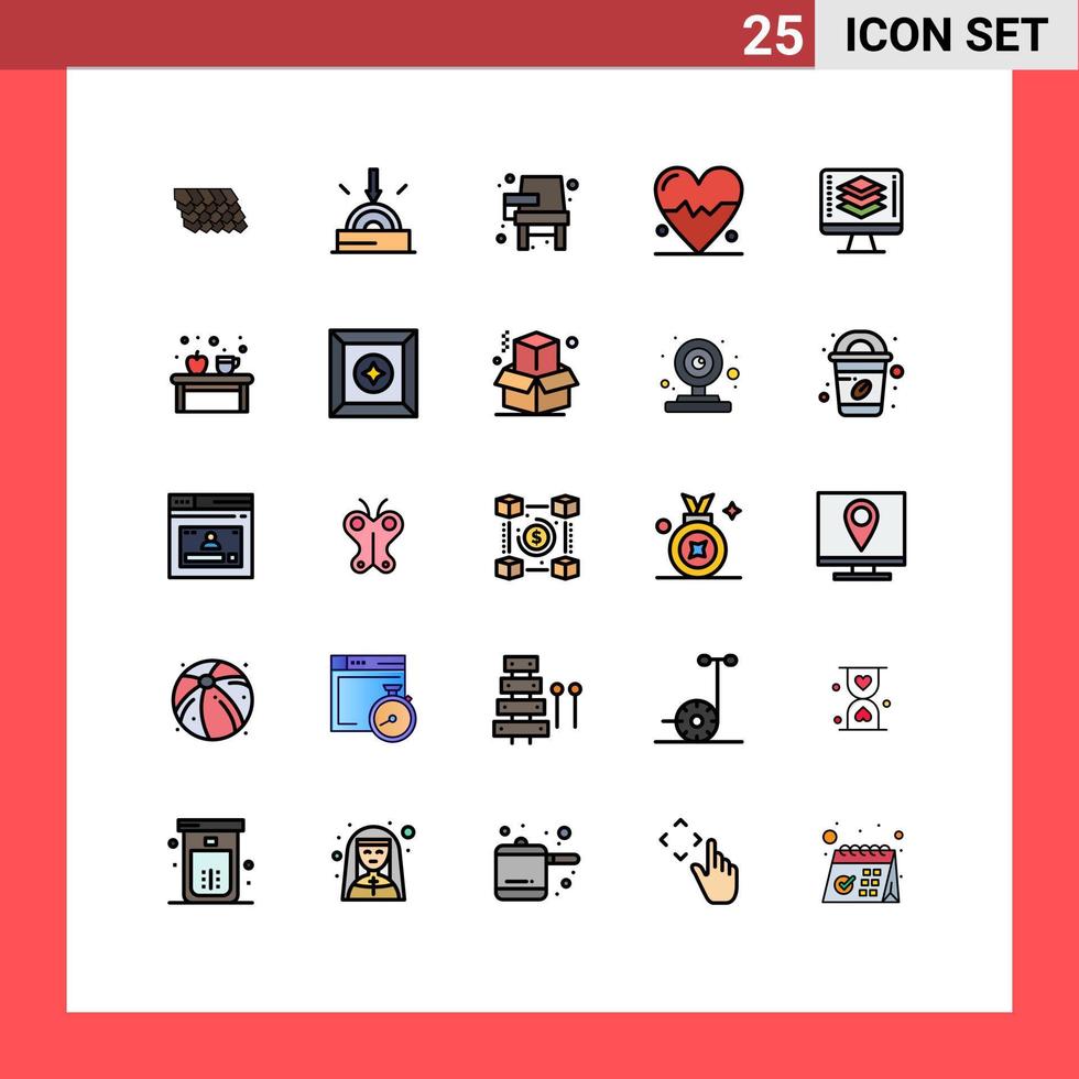 paquete de 25 modernos signos y símbolos de colores planos de línea rellena para medios de impresión web, como elementos de diseño de vectores editables de la escuela del corazón de la silla de la ciencia del código