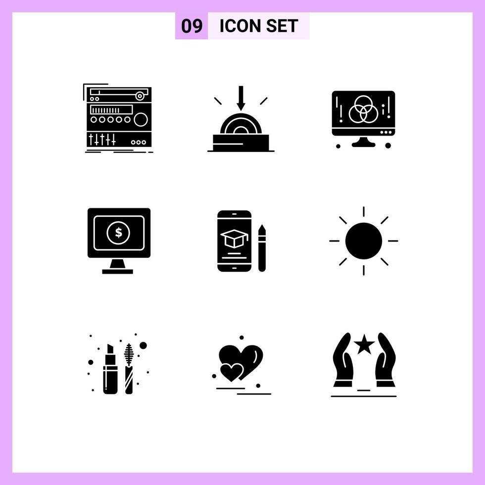 Set of 9 Commercial Solid Glyphs pack for cap dollar technology monitor graphic Editable Vector Design Elements