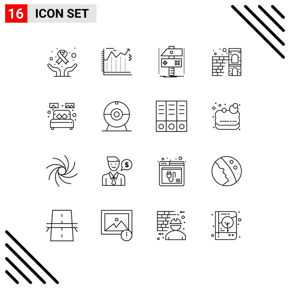 Set of 16 Modern UI Icons Symbols Signs for bed firewall build brick game Editable Vector Design Elements