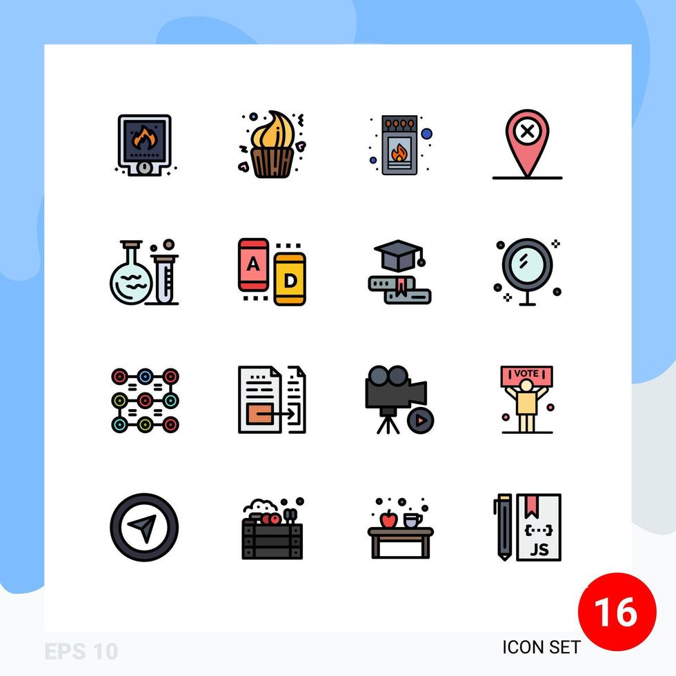 Modern Set of 16 Flat Color Filled Lines Pictograph of tube cross day map match Editable Creative Vector Design Elements