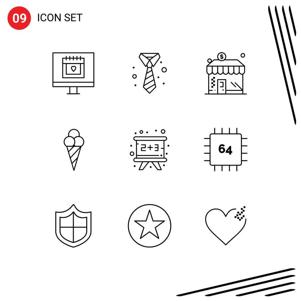 Set of 9 Vector Outlines on Grid for education blackboard business cone beach Editable Vector Design Elements