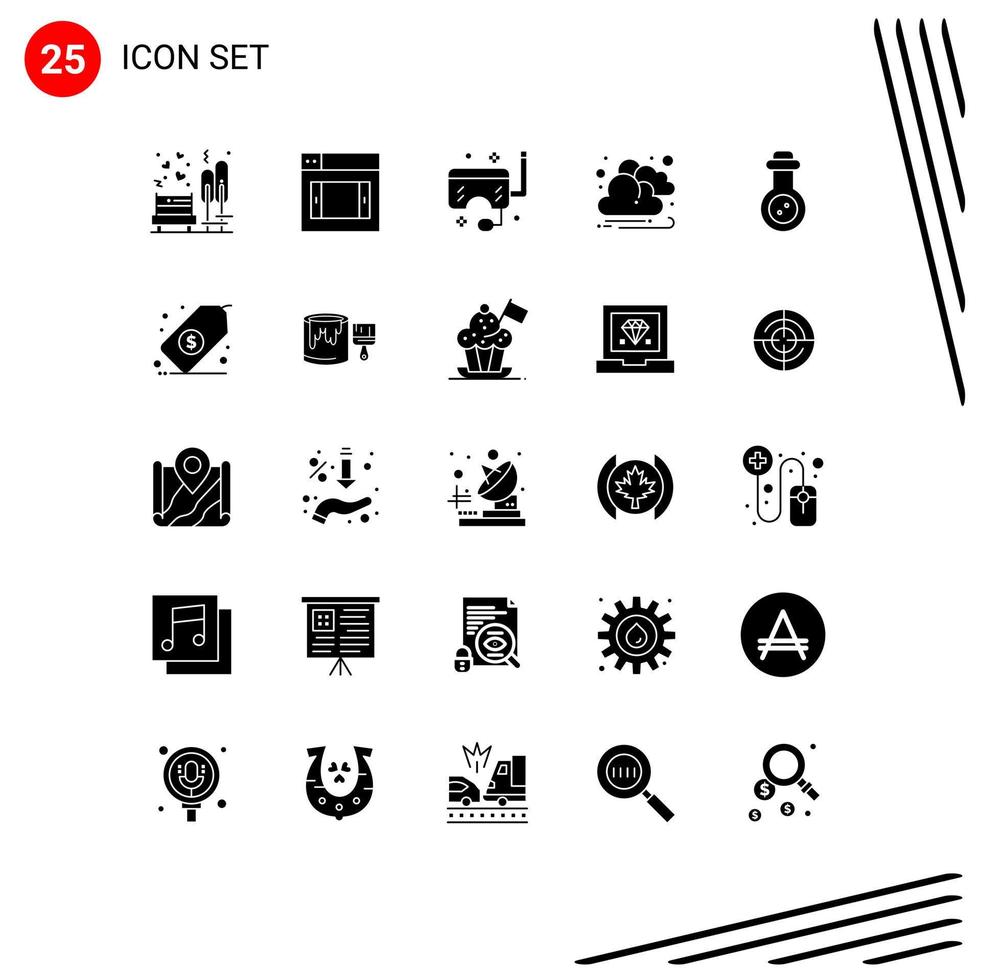 25 Thematic Vector Solid Glyphs and Editable Symbols of mass weapon sun goggles cloud snorkel Editable Vector Design Elements