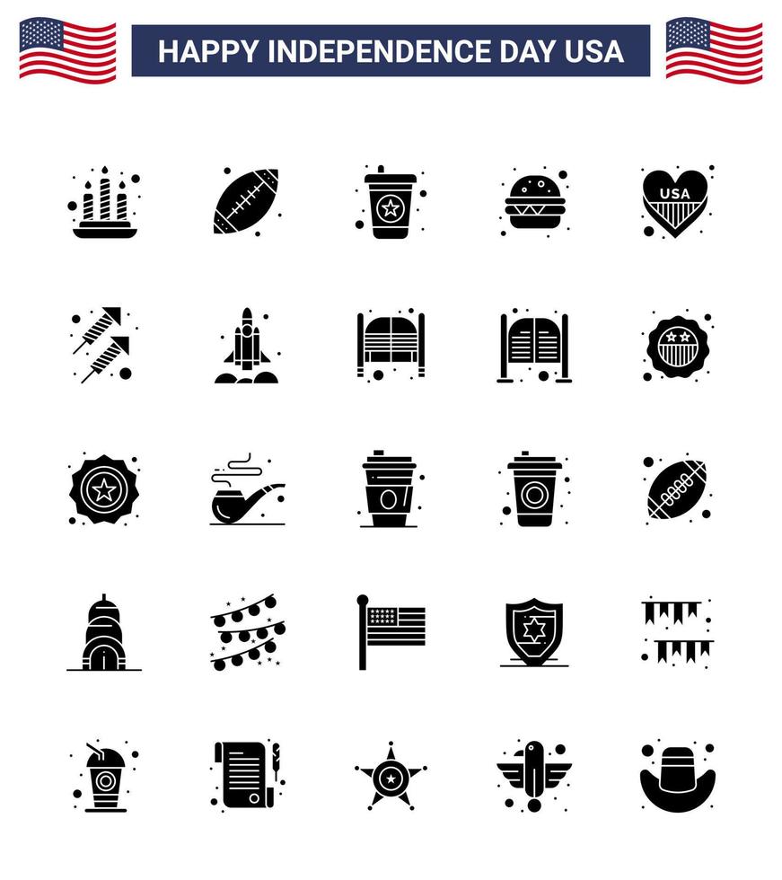 paquete de iconos de vectores de stock del día americano 25 signos y símbolos de glifos sólidos para la celebración amor bebida corazón comida elementos de diseño de vectores editables del día de EE. UU.