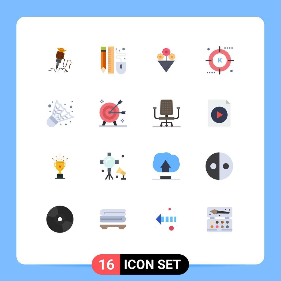 Mobile Interface Flat Color Set of 16 Pictograms of badminton optimization pencil media engine Editable Pack of Creative Vector Design Elements