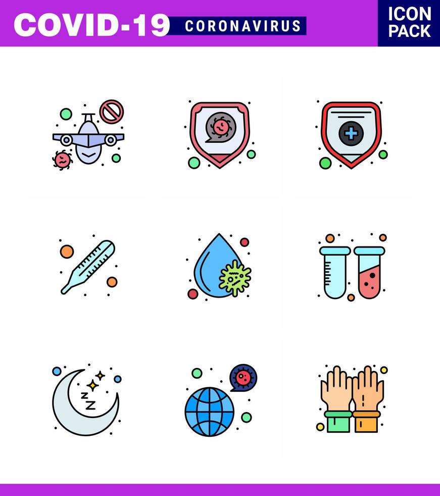 Coronavirus Precaution Tips icon for healthcare guidelines presentation 9 Filled Line Flat Color icon pack such as platelets blood virus health insurance blood temperature viral coronavirus 2019n vector