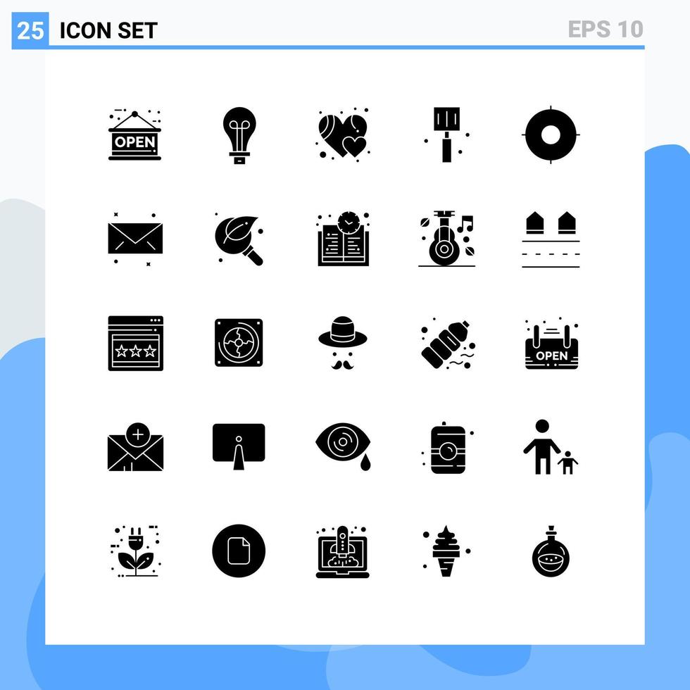 Mobile Interface Solid Glyph Set of 25 Pictograms of target military heart circle food Editable Vector Design Elements