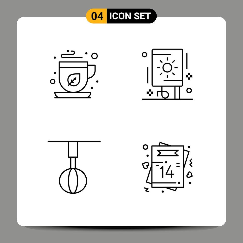 Mobile Interface Line Set of 4 Pictograms of green home tea fireworks house Editable Vector Design Elements