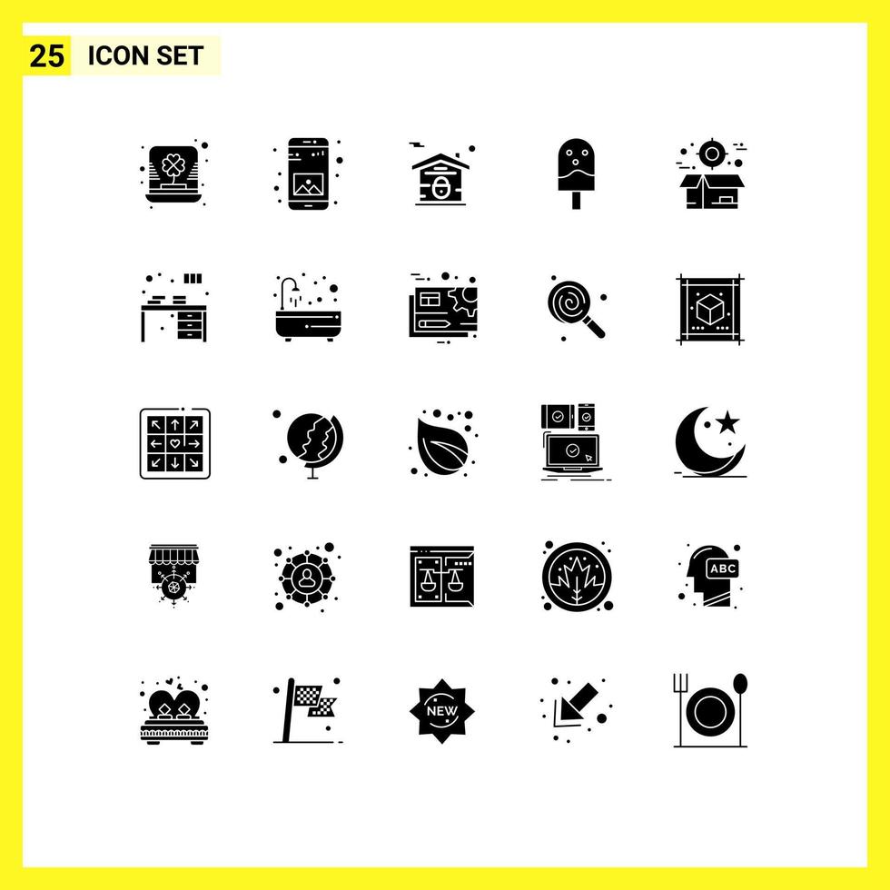 25 Universal Solid Glyphs Set for Web and Mobile Applications box food mobile done real estate Editable Vector Design Elements