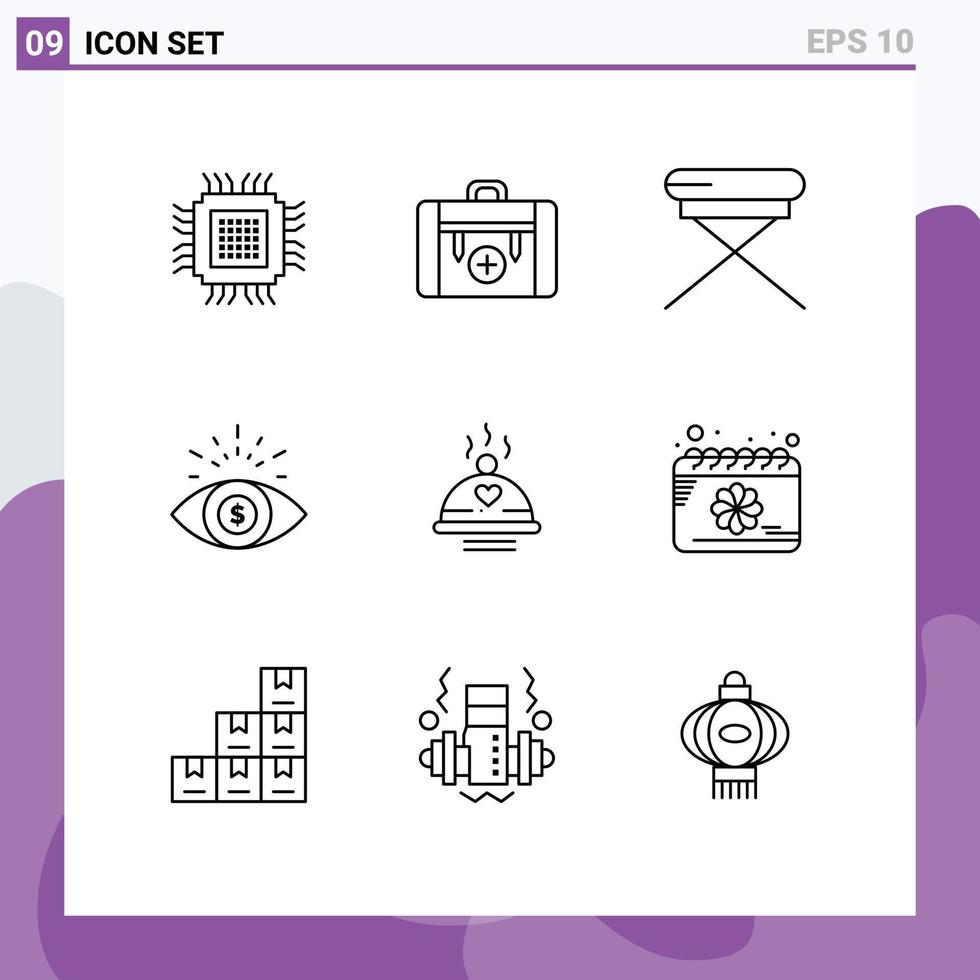 Set of 9 Modern UI Icons Symbols Signs for dinner investment hiking business interior Editable Vector Design Elements