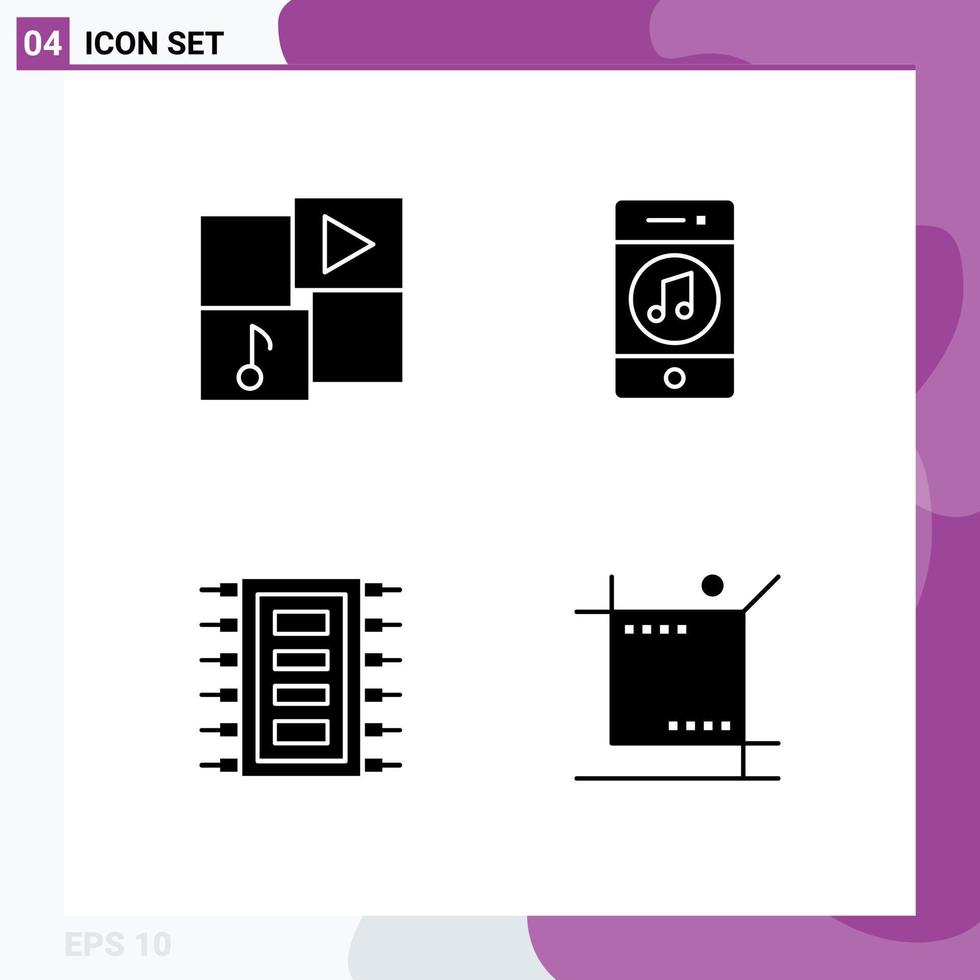 Solid Glyph Pack of 4 Universal Symbols of media tech music music chip Editable Vector Design Elements