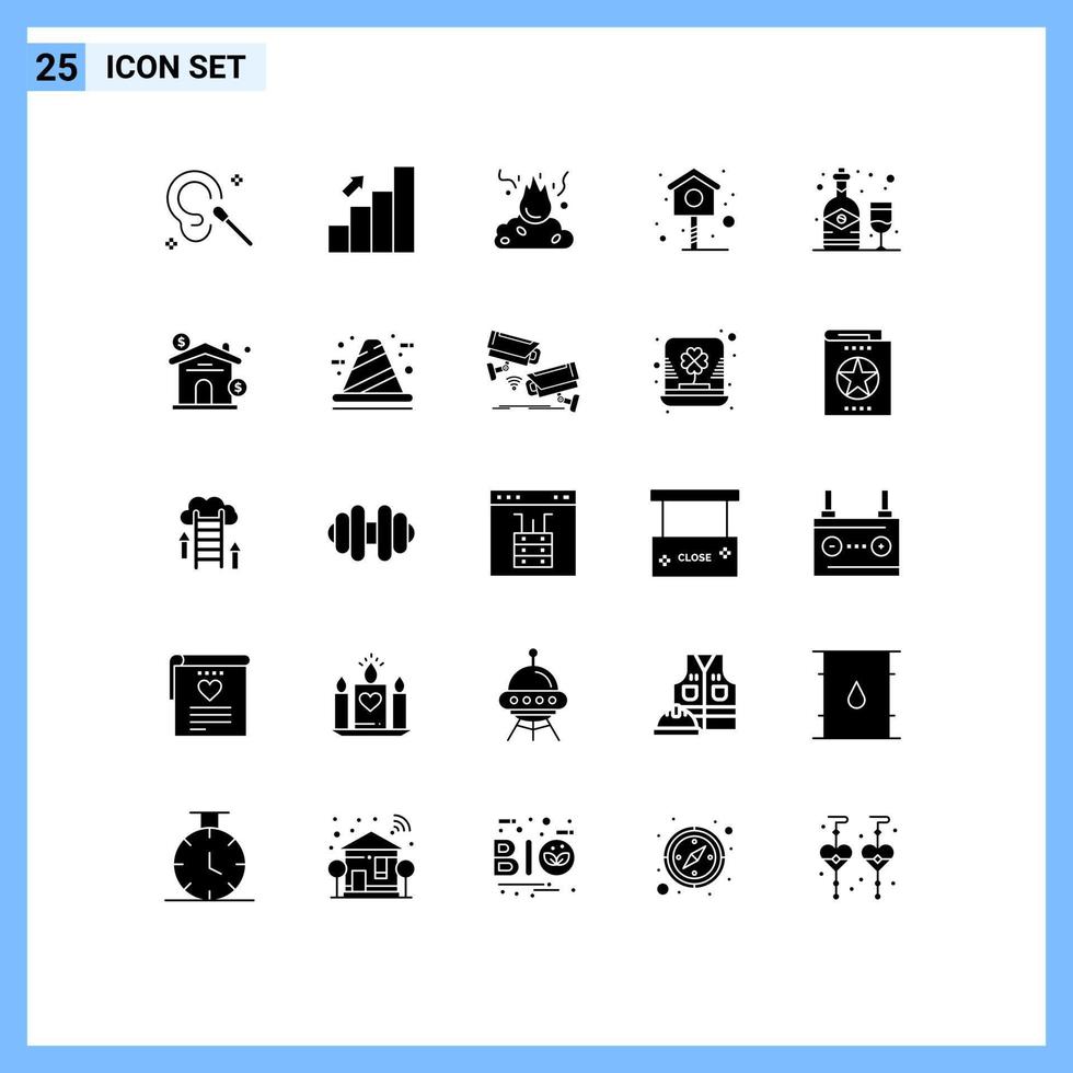 Editable Vector Line Pack of 25 Simple Solid Glyphs of alcohol house stats bird pollution Editable Vector Design Elements