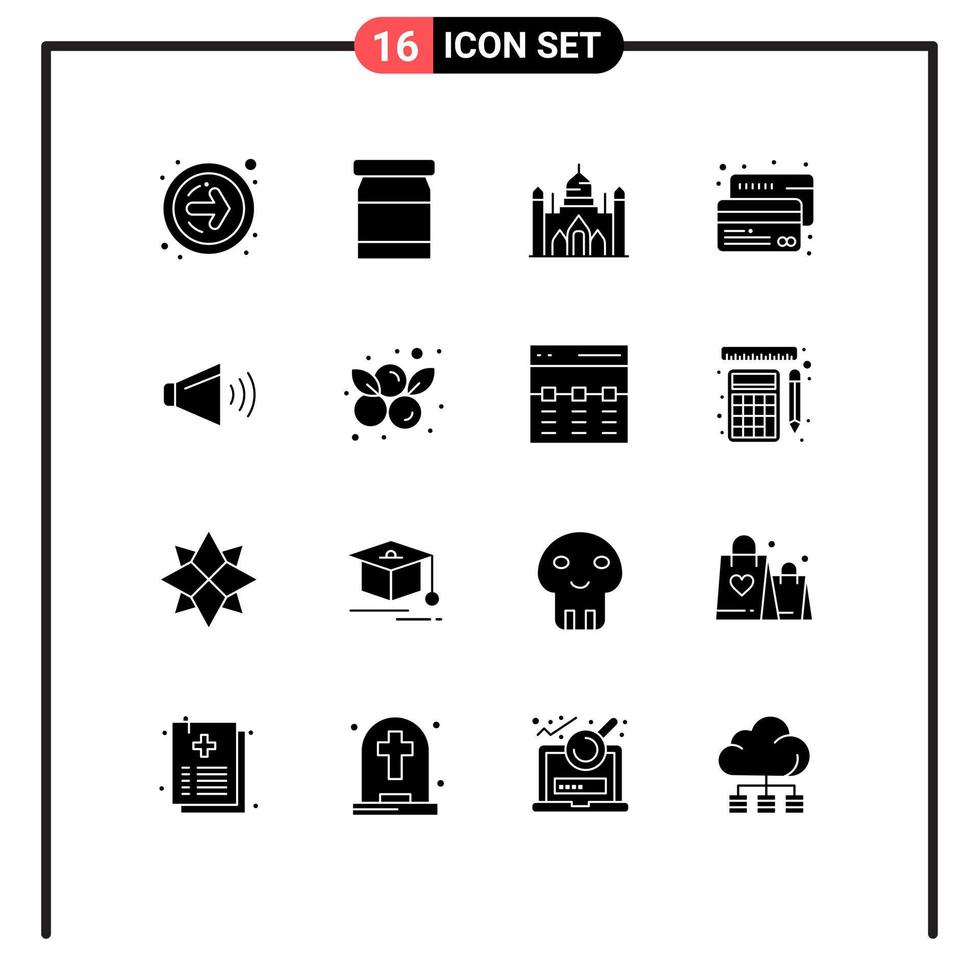 Mobile Interface Solid Glyph Set of 16 Pictograms of on speaker dhaka sound credit Editable Vector Design Elements