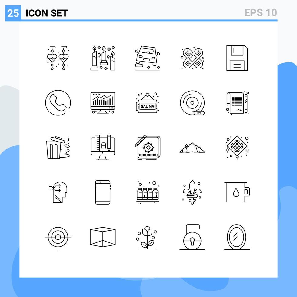 Set of 25 Modern UI Icons Symbols Signs for floppy disc car devices bandage Editable Vector Design Elements