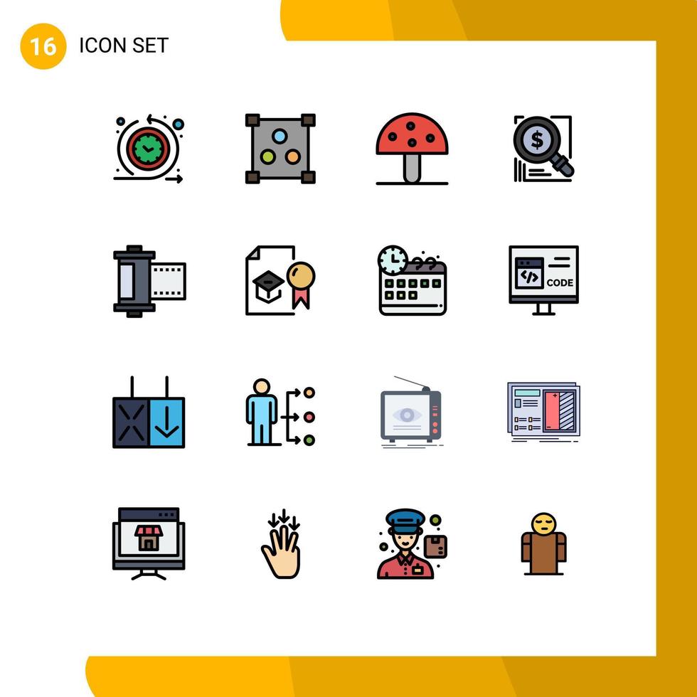 Pictogram Set of 16 Simple Flat Color Filled Lines of camera business food magnifer search Editable Creative Vector Design Elements