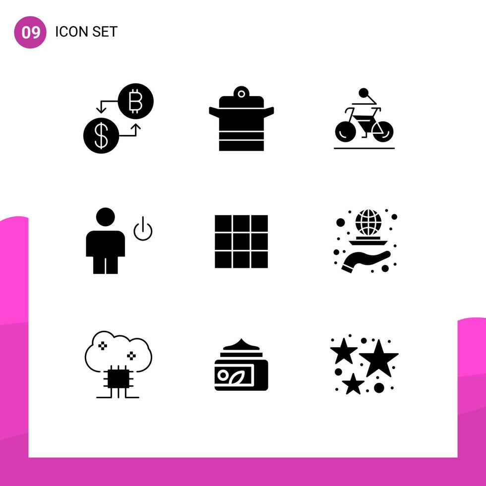 9 Universal Solid Glyphs Set for Web and Mobile Applications human body pot avatar biking Editable Vector Design Elements