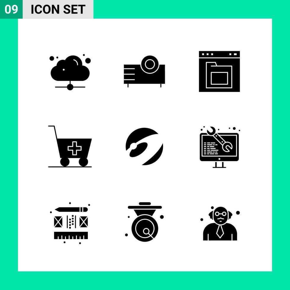 paquete de 9 símbolos de glifo de conjunto de iconos de estilo sólido para imprimir signos creativos aislados en fondo blanco 9 conjunto de iconos vector