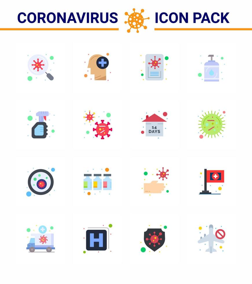 paquete de iconos covid19 de coronavirus de 16 colores planos, como limpieza por pulverización, noticias, enfermedad desinfectante, coronavirus viral 2019nov, elementos de diseño de vectores de enfermedades