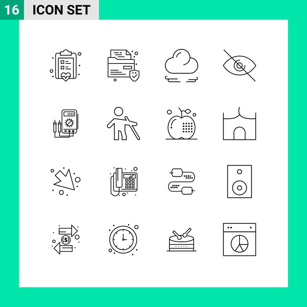 paquete de línea de vector editable de 16 contornos simples de elementos de diseño de vector editable de vista de amperaje de nube de vatios de probador
