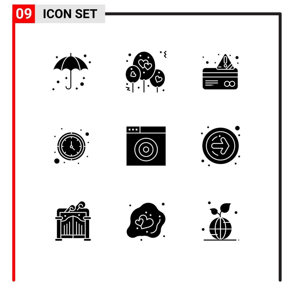 Pictogram Set of 9 Simple Solid Glyphs of target find card watch timer Editable Vector Design Elements