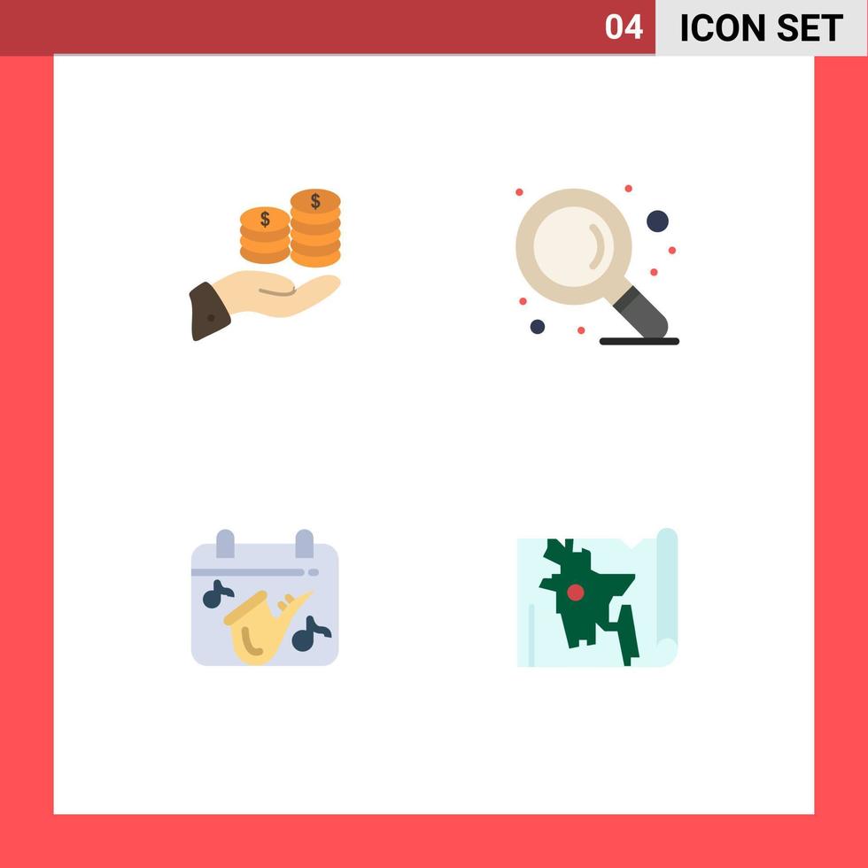 conjunto de pictogramas de 4 iconos planos simples de ahorro búsqueda economía dinero calendario elementos de diseño vectorial editables vector