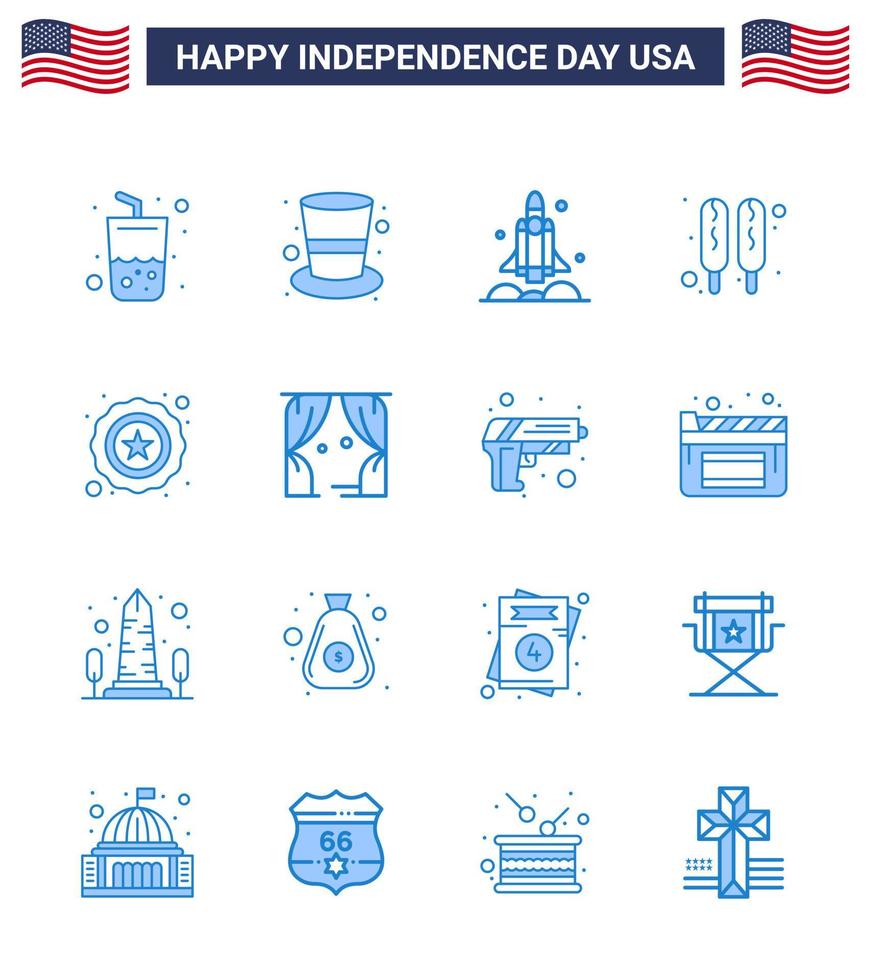 Happy Independence Day 16 Blues Icon Pack for Web and Print star food launcher hot dog usa Editable USA Day Vector Design Elements