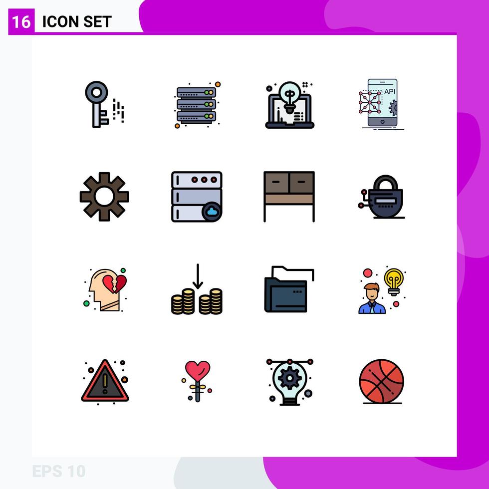Modern Set of 16 Flat Color Filled Lines Pictograph of cog mobile computer development application Editable Creative Vector Design Elements