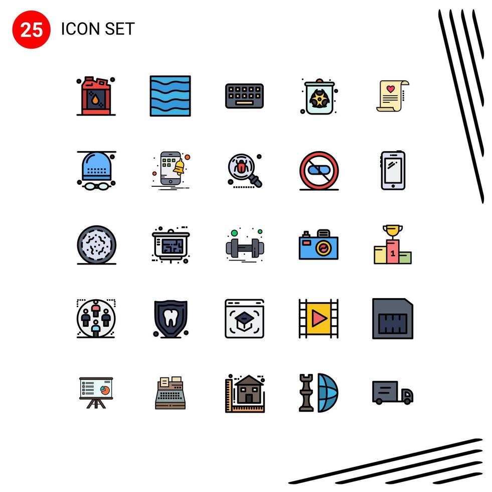 Group of 25 Modern Filled line Flat Colors Set for letter pollution waves gas key Editable Vector Design Elements