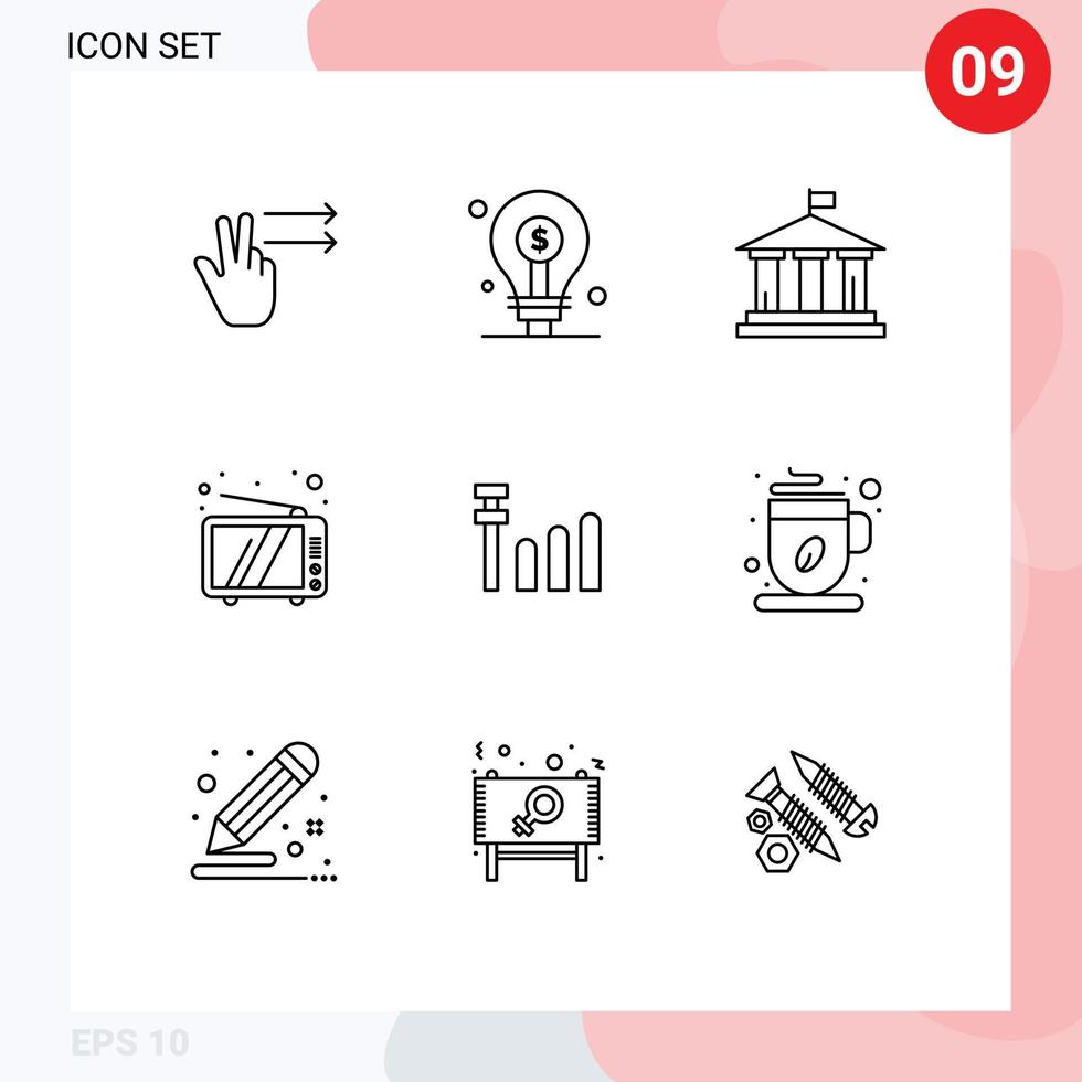 Pictogram Set of 9 Simple Outlines of signal device bank tv retro Editable Vector Design Elements