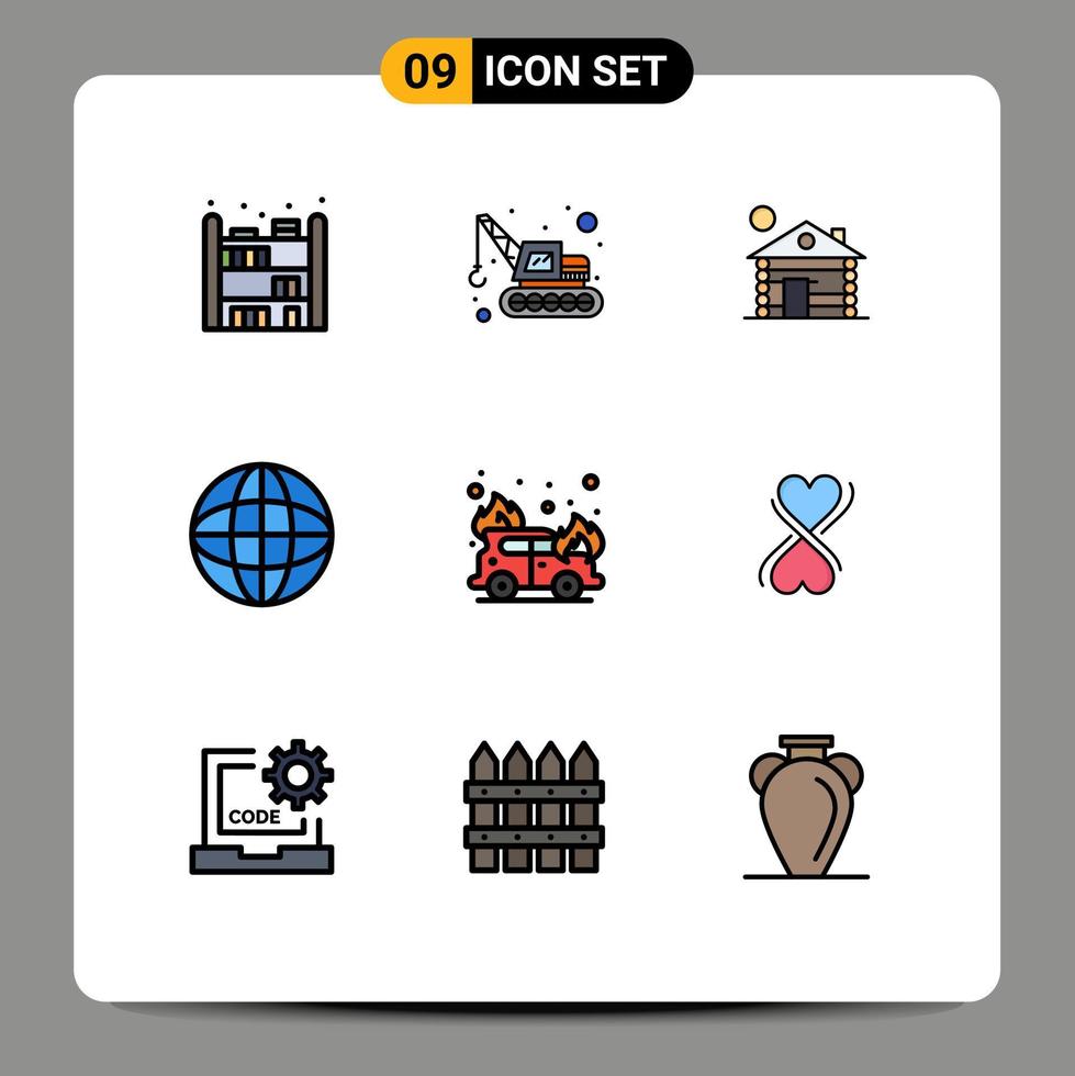 Set of 9 Modern UI Icons Symbols Signs for heart fire service car internet Editable Vector Design Elements