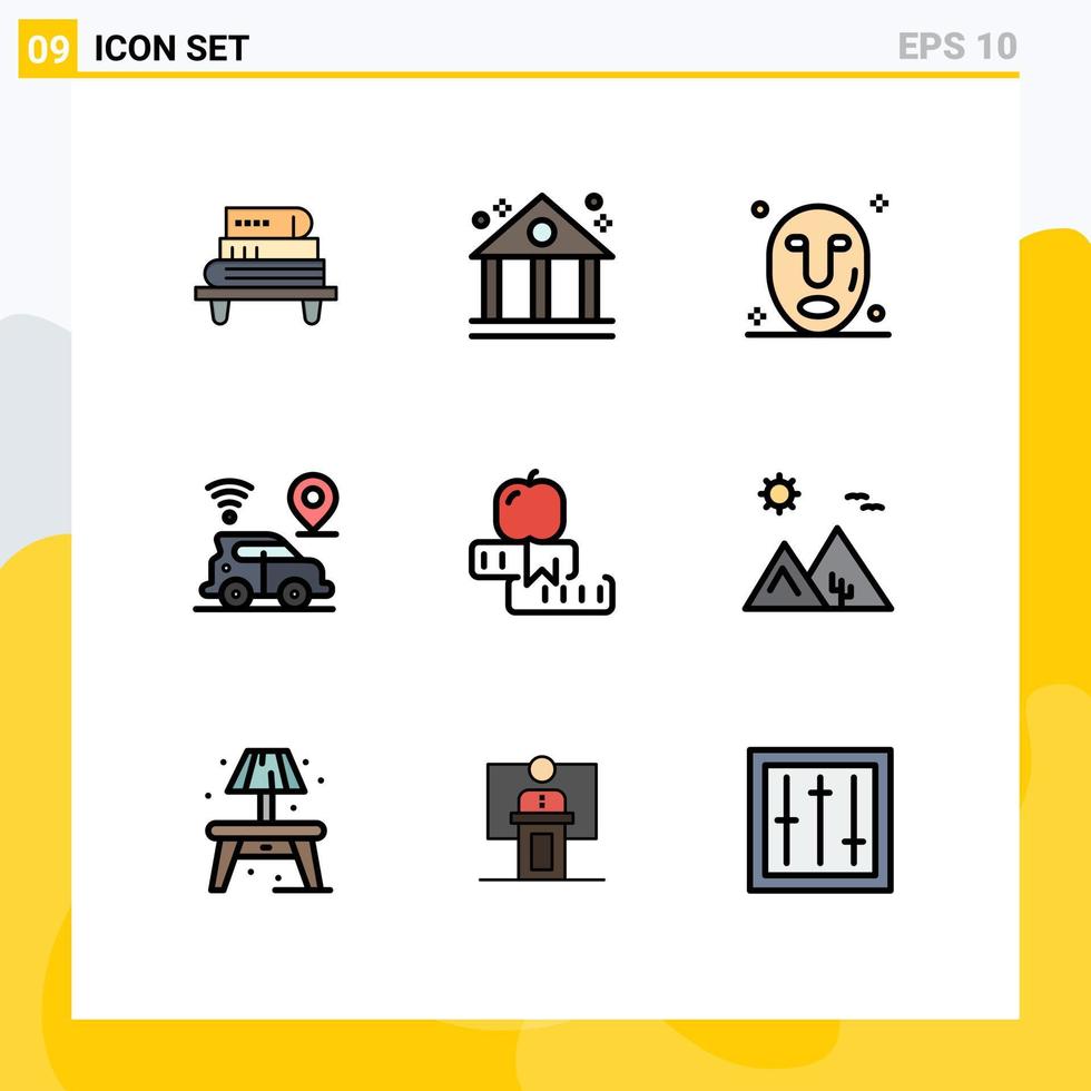 paquete de 9 signos y símbolos de colores planos de línea de relleno modernos para medios de impresión web, como el mapa de educación de máscara de conocimiento de estudio, elementos de diseño de vectores editables