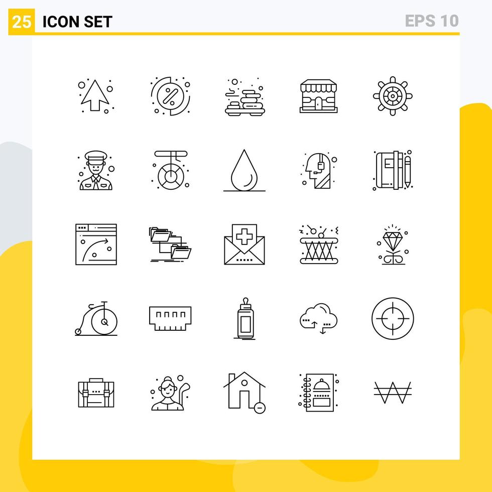 25 User Interface Line Pack of modern Signs and Symbols of wheel boat spa store shop Editable Vector Design Elements