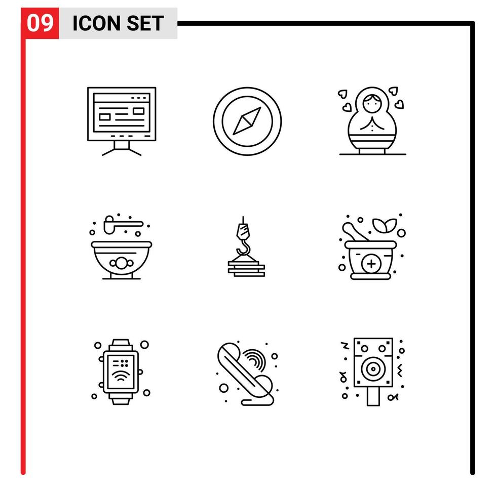 Pictogram Set of 9 Simple Outlines of hook construction child building food Editable Vector Design Elements