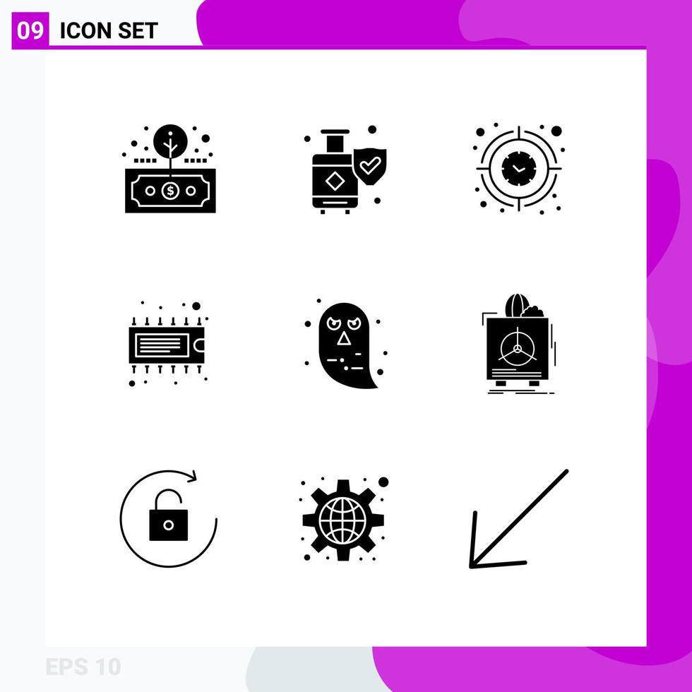 Set of 9 Commercial Solid Glyphs pack for ic device suitcase component time Editable Vector Design Elements